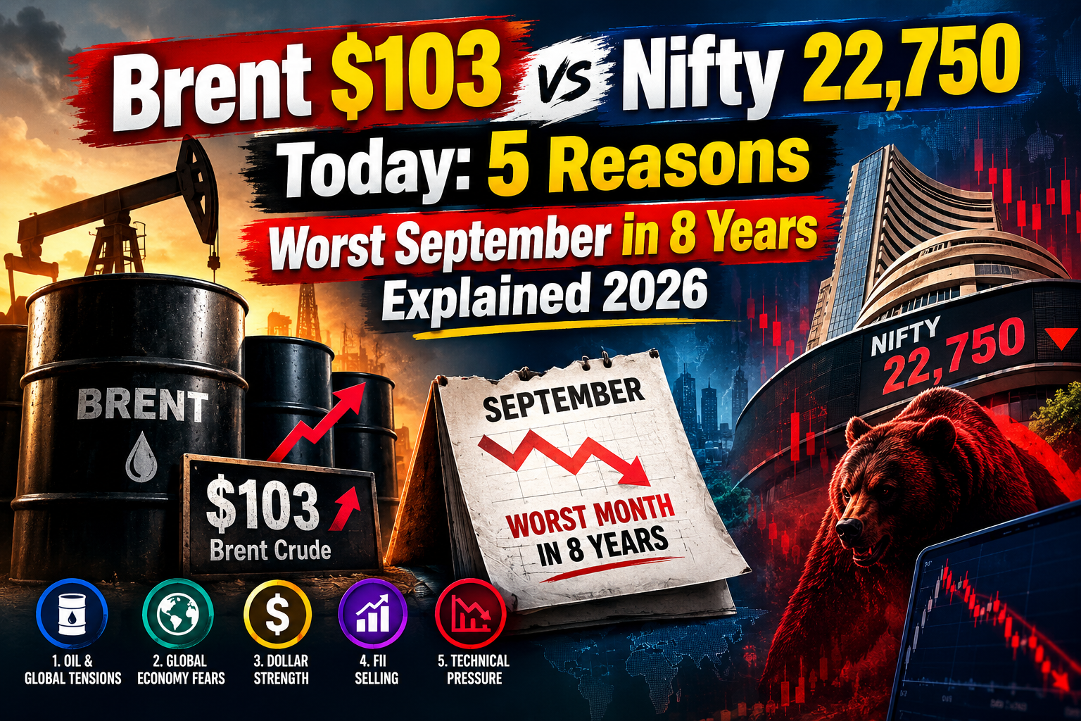 Brent crude at 103 dollars versus Nifty 22750 crash September 2026 chart