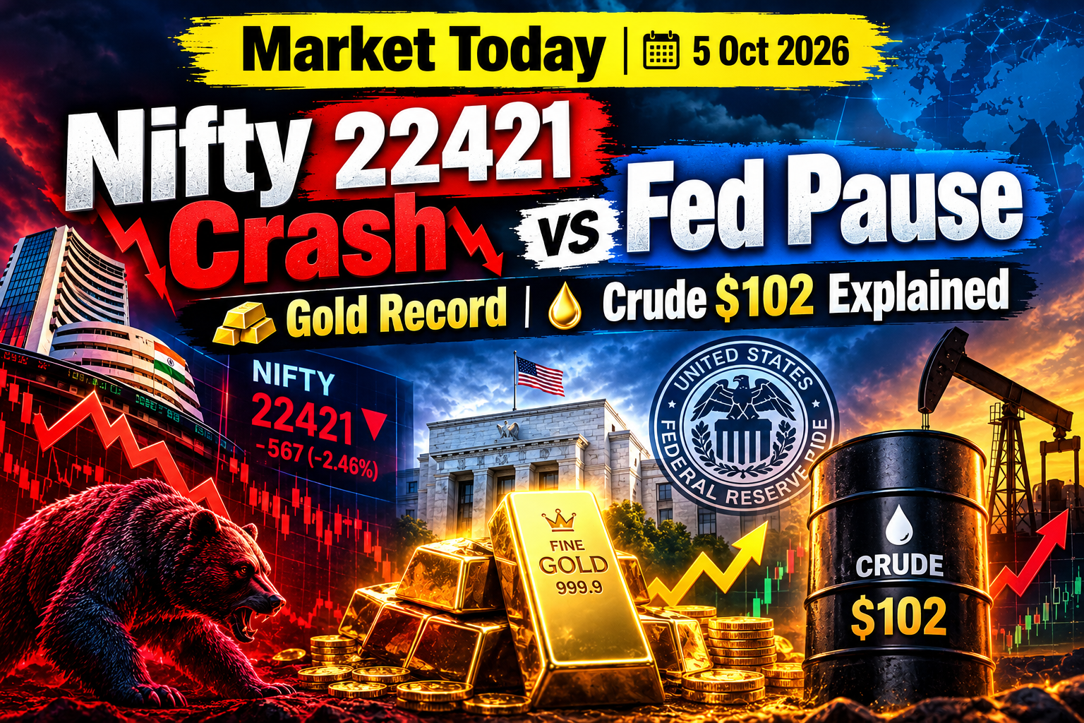 Market Today 5 Oct 2026: Nifty Crash vs Fed Pause, Gold Record, Crude $102 Explained