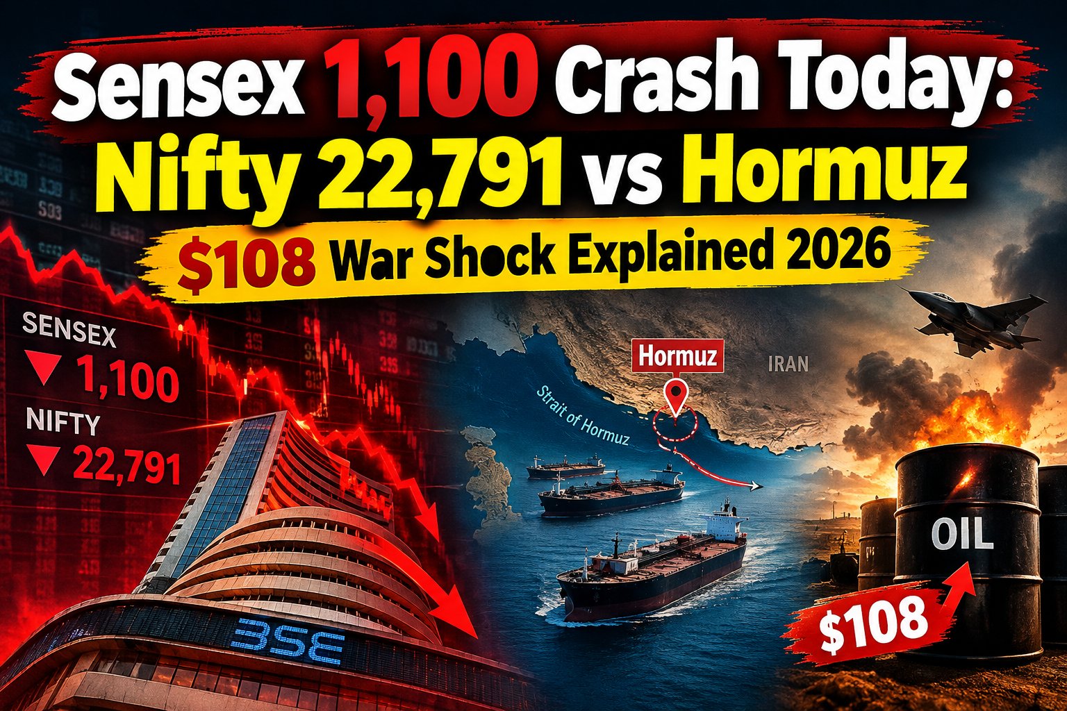 Sensex crash on trading screen with Hormuz oil shock today