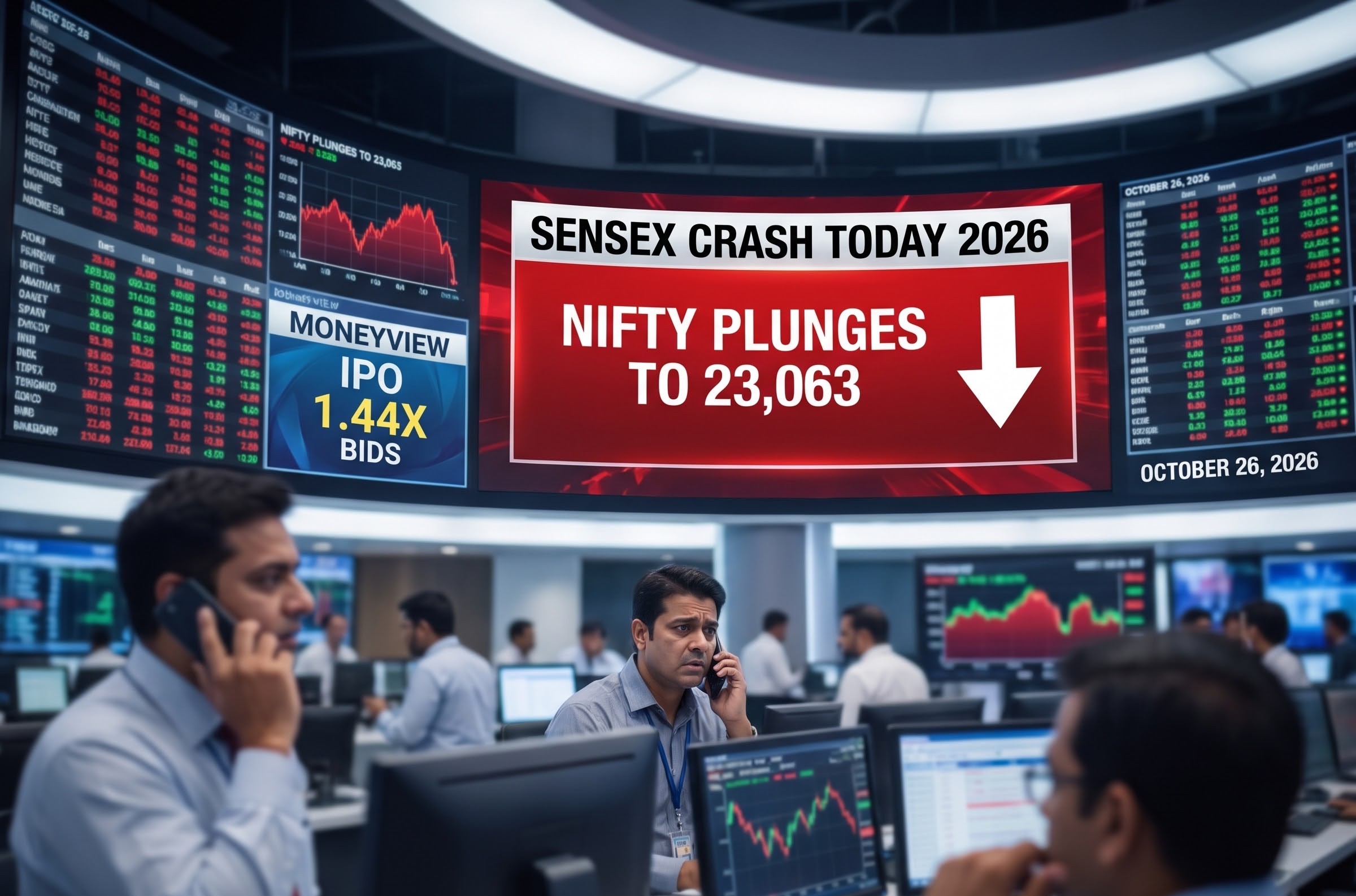 Trading floor screens showing Sensex crash today and Nifty plunge to 23063